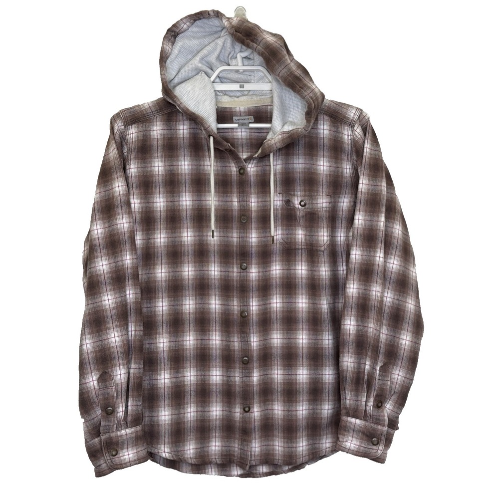 Carhartt Hooded Snap Front Flannel Top‎ Womens Large 12/14 Brown Plaid Workwear